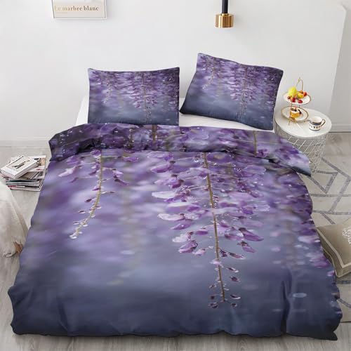 Bettwäsche 140x200 Blumen - Lila Violett Floral Bettbezug 140 x 200 cm 2er Set, Wendebettwäsche und Kissenbezug 70x90 cm, Weiche & Angenehme Mikrofaser Bettwäsche-Sets mit Reißverschluss