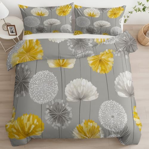 Srigzcaly Bettwäsche 135x200 cm Modern Pflanze Pusteblume, Weiche Bügelfreie Cozy Mikrofaser Wendebettwäsche Set 3tlg, Grau Schlafzimmer Deko, 2 Kissenbezug 80x80 cm - mit Reißverschluss