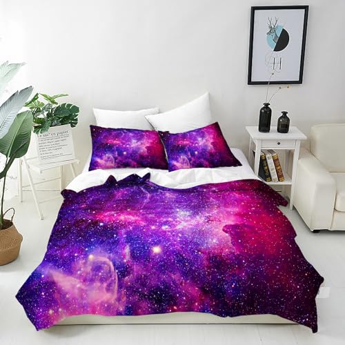 ANHOPE Lila Rosa Galaxie Nebel Bettwäsche Set 2 Teilig Bettbezug 135x200 cm + Kissenbezug 80x80 cm Weich Microfaser Bettbezüge Set mit Reißverschluss Bettdeckenbezug für Kinder Jungen Mädchen