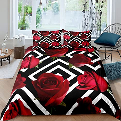 feelingyou Rote Rose Bettwäsche-Set 135×200 cm,Romantische Blumen Blumen Bettbezug für Kinder Jungen Bettdeckenbezug-Set,Schwa rz-weiß Karierte Bettwäsche Bettbezug-Set Dekorativ 2 Stück
