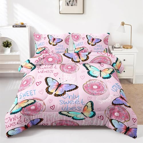 HOTRCR 3-teiliges Schmetterlings-Donut-Bett wäsche-Set, süßes Bettwäsche-Set für Mädchen und Erwachsene, Schlafzimmer- oder Raumdekoration, Ganzjahresdecke, Mikrofaser-Steppdecke mit 2 Kissenbezügen