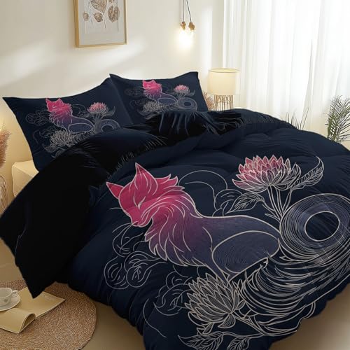 Microfaser Bettwäsche Set 200 x 200 cm mit Kissenbezug, Weich und bequem Pflegeleicht Alle Jahreszeiten Elegant Schlicht Linien Fuchs Blumen Thema bettwäsche-Geeignet für Jungen und Mädchen Schwarz