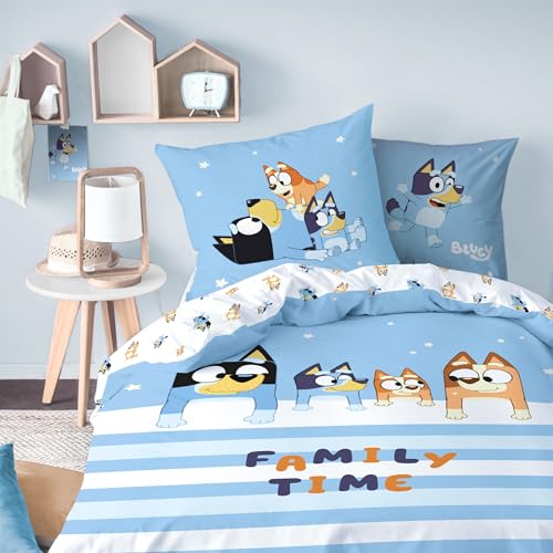 MTOnlinehandel Bluey Bettwäsche 135x200 Baumwolle für Mädchen und Jungen, Wendemotiv Kinderbettwäsche, 1x Kissenbezug 80x80 + Bettbezug 135x200, Öko Tex