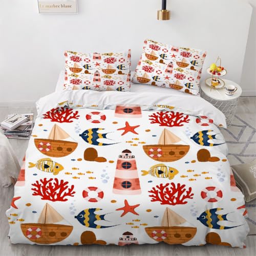 Generisch 3D Maritime Bettwäsche 155x220 cm 3teilig Fisch Segelboot Bettbezug mit Reißverschluss 100% Mikrofaser Leicht Atmungsaktive Bettwaren Set mit 2 Kissenbezüge 50x75?Muster 40-11?