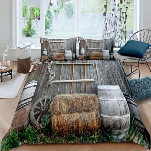 PUOJIEAT Bettwäsche 200x200 Landhausstil Weich Mikrofaser Bettwäsche-Sets Altes Landleben Bettbezug mit 2 x Kissenbezug 80x80 cm 3D Bettzeug Set r.2508