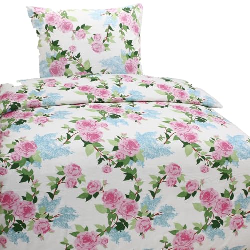 Hochwertige Biber Bettwäsche Baumwolle Blumen Weiß Rosa 135x200 80x80 Set 2tlg