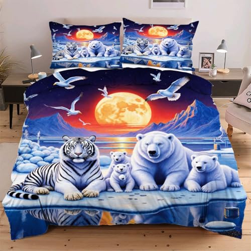 Fotmung Bettwäsche-Set 135x200 cm Tiger und Bär, Elegantes 3-teiliges Set mit Bettbezug und Kissenbezügen, Weiche und bügelfreie Bettwäsche mit Eckbändchen für Optimalen Halt C248
