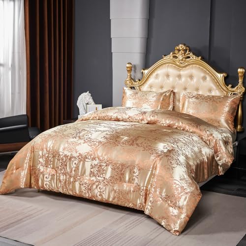 Herside Dunkelgoldenes Bettwäsche-Set für Doppelbett, luxuriöses Jacquard-Bettwäsche-Set, Barock-Steppbezug, Blumenblüten, bedruckt, Landhaus, Vintage, goldfarben, 220 x 200 cm, 2 Kissenbezüge