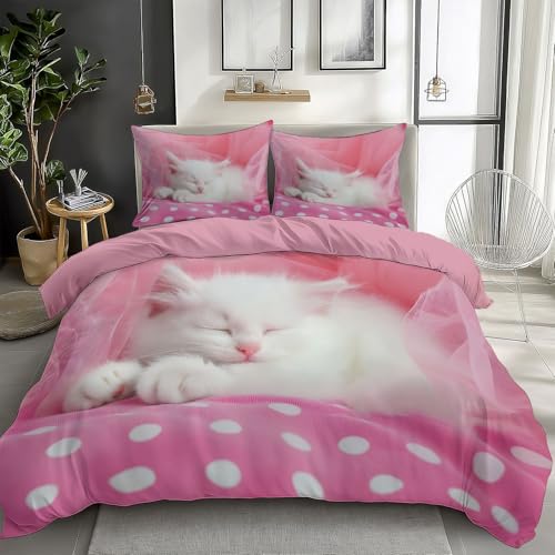 Bettbezug Tierfotografie Katze Punkte Bettwäsche Set 155 x 200 cm, Tier Katze Bettwäsche-Set für Mädchen Junge Kinder, Deluxe Mikrofaser Weiche Bettbezug mit Reißverschluss und Kissenbezüge
