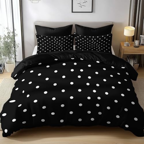 Generisch Bettwäsche-Set 155 x 220 cm Wendebettwäsche Weich Hochwertige Schwarz Mikrofaser Bettbezug 3D-DruckMinimalistisch Schwarz Weiße Punkte Bettwäsche für Jugendliche Kinder mit Reißverschluss