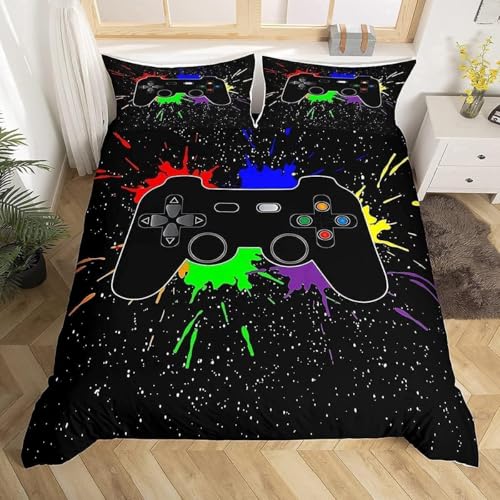 Jungen Bettwäsche Gaming, für Kinder Teens Videospiele Spieler Schlafzimmer Dekor,Bunter Tie Dye Drucken Bettbezug Set,Galaxie Sternenhimmel Design Bettbezug,Geburtstag/Fest ival Geschenk,135x200