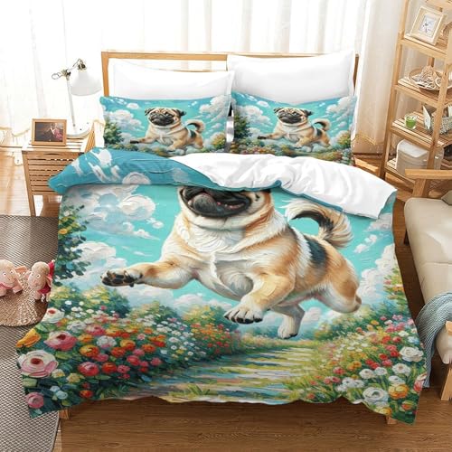 Mops Bettbezug-Set Weiche Mikrofaser 3-TLG. Bettwäsche Mit Mops Gartenspiel-Design Mit Reißverschluss & Kopfkissenbezug Für Erwachsene Kinder Single?140x200cm?
