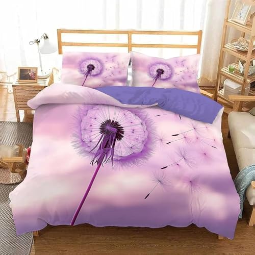 Generisch Bettwäsche 200x220 ?Pusteblume? Bettbezug 200x220 3 Teilig Rosa Lila Bettwäsche-Sets 3D Muster Weiche Mikrofaser Bettbezüge mit 2 Kissenbezug 80x80 cm D0071