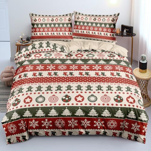 Luowei Weihnachten Bettwäsche 135x200 4 Teilig Rot Grün Beige Bettwäsche Weihnachten Weich Christmas Bettbezug Set für Jugendliche Kinder Geschenke mit Reißverschluss und 2 Kissenbezüge 80x80 cm