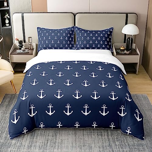 Loussiesd Ozean Nautical Bettbezug Set 100% Baumwolle Anchor Gedruckt Bettwäsche Set 100% Baumwolle 135x200cm Set Sea Adventure Surfing Betten Set Weich Luxury Bettbezug Dekor 2 Stück, Marineblau