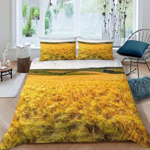 Bettwäsche Set Goldenes Weizenfeld Weiche Mikrofaser Bettwäsche 220x240 3D-Druck Bettbezug Landhausstil 3 Teiliger Bettbezüge mit Reißverschluss und 2 Kissenbezüge 80x80 cm B.2316