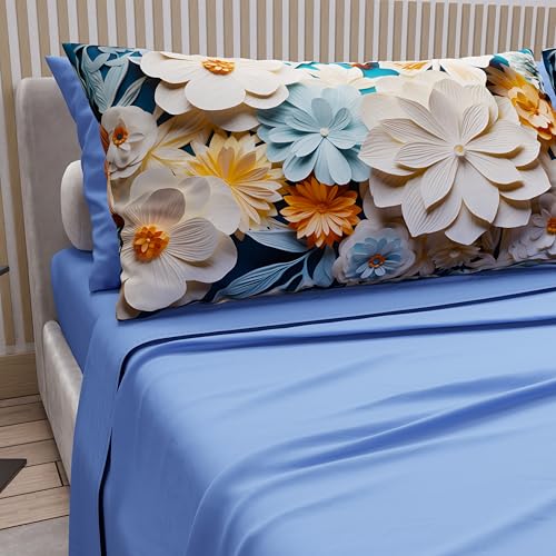 Petti Artigiani Italiani - Bettwäsche aus Baumwolle mit Kissenbezügen mit Digitaldruck, französisches Bett, Bettwäsche-Set für Ober- und Spannbettlaken mit Ecken, Blumenmuster 05 5 Hellblau, 100