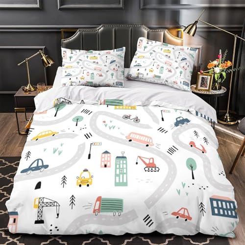 RJAVAGFZL Kinderstraßenkarte 3D-Bedruckt 3er-Set Bettdeckenbezug Cartoon-Stadtszene Kuschelbezug Mikrofaser Reißverschluss Hypoallergen für Kinder Jugendliche Erwachsene Single (135x200cm)