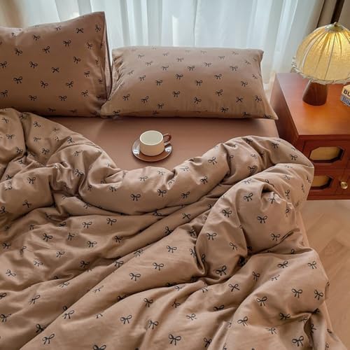 Covebett Bettwäsche 135x200 Braun mit Schwarz Schleifen Kinder Bettbezug 2teilig Aesthetic Kawaii Schleifenmuster Microfaser Einzelbett Deckenbezug mit Reißverschluss und Kissenbezug 80x80cm