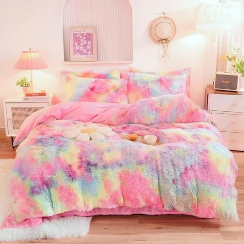 Gezu Winter Plüsch Bettwäsche 135x200 Regenbogen Bunt Plüsch Langhaar Bettbezug Set Weich Kuschelig Flauschige Bettbezug 2 Teilig für Kinder Mädchen mit Reißverschluss und 1 Kissenbezüge 80x80 cm