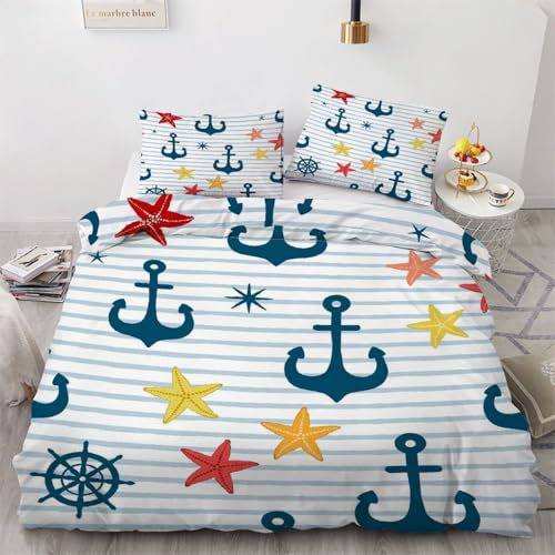 RFFLUX 3D Anker Bettwäsche Set 135x200 cm 2teilig Weiche und Angenehme Microfaser Wendebettwäsche Ozean Maritim Bettbezug Kinderbettwäsche mit Kissenbezug 50x75 cm?Stil 50-10?