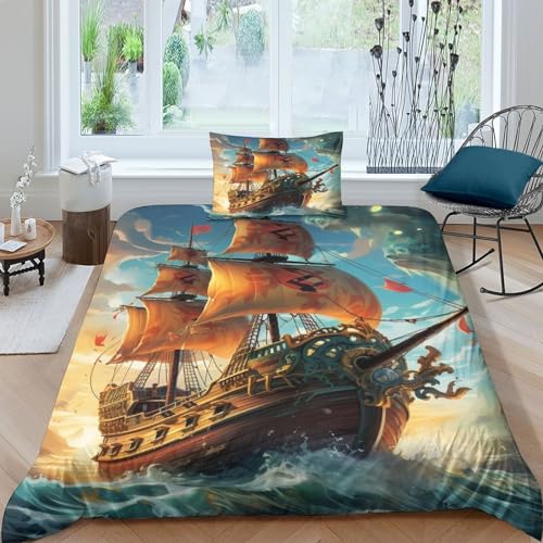 OPSREY Pirate Ship Bettbezug Zip-Verschluss Steppdeckenbezug Verstecktes Scharnier Bedding Sets Waschbar Meer Bettdeckenbezug Luxuriös Bettwäsche Set Single?135x200cm?