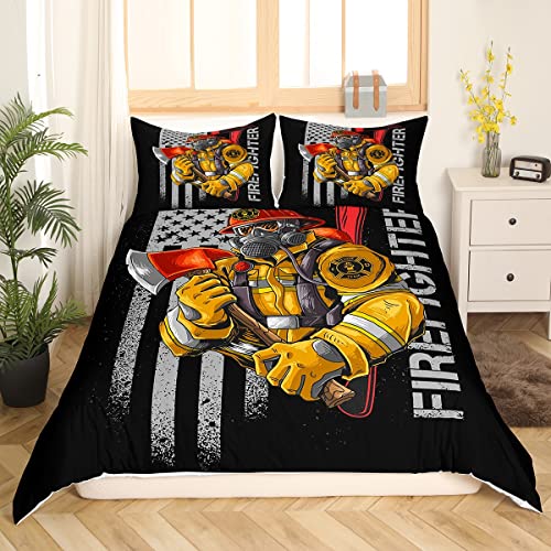 Firefighter Comforter Covet 155 x 220 cm,Bettbezug amerikanischem Flaggendruck 1 Kissenbezügen,gelb rotes Polyester äsche für Jungen und Teenager,Schlafzimmerdeko ration