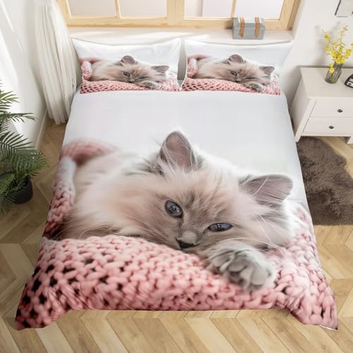 Homemissing Katze Bettwäsche Set 135x200cm Katzen drucken Bettbezug Set atmungsaktives weiches Tier Bettwäsche-Set 2 Stück weißes Schlafzimmer Dekor Mikrofaser Reißverschluss