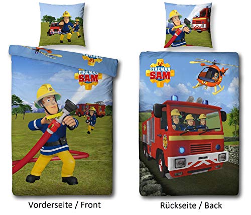 Familando Wende Bettwäsche-Set Feuerwehrmann Sam, 135 x 200 cm 80 x 80 cm, 100% Baumwolle, Linon 2 Motive auf Einer Bettwäsche