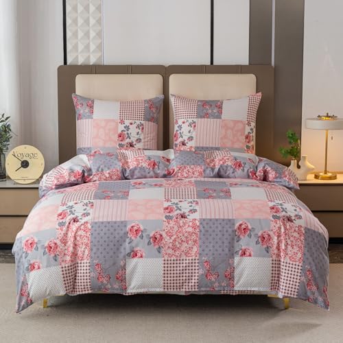 Cotton Market Bettwäsche Set 3-teilig Deckenbezug 220 x 200 cm 2 Kissenbezüge 70 x 80 cm Patchwork-Design Paisley Rosen Mikrofaser mit Reißverschluss Leicht Weich Pflegeleicht