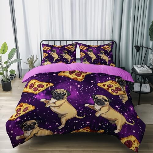 Bettwäsche-Set 3-teilig mit Reißverschluss 200 x 200 cm und 2 Kissenbezug, Weicher Mikrofaser Reversibel Bettbezug Set Cartoon Tiere Mops Thema Perfekt für Kinder Erwachsene, Lila
