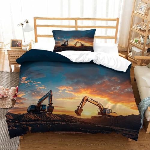 LILIlaobiao Kinder Bagger bettwäsche Set Einzelgröße Mit 1 Kissenbezug: 80 X 80cm, Single Size Schlafhilfe Digger Machine Bettwäsche, Excavators Bettbezug 135x200cm
