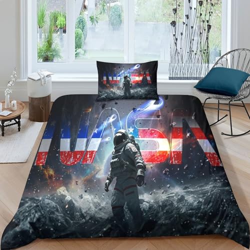 WXMMoney Weltraum-Astronauten-Bett wäscheset für Kinder, 3D-Bettwäscheset, manuelle Anpassung, Bettbezug für Jungen, Mädchen, Teenager, Jugendliche, dekorativer Bettbezug, Einzelbett (135 x 200 cm)