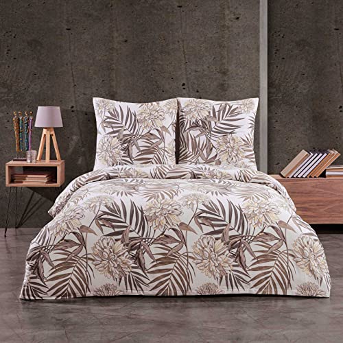 Style Heim Biber Bettwäsche 135x200 cm Flauschige Winterbettwäsche 2 Teilig 100% Baumwolle mit Reißverschluss Bettwäsche-Set Kissenbezug 80x80cm, Geblümt Blumen-Blätter, Beige Braun