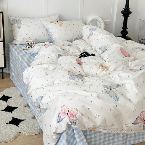 Lanqinglv Bettwäsche 135x200 Mädchen Kinder Blau Weiß Schmetterling Bettwäsche aus Microfaser,ÖKO TEX Bettwäsche Set Bettbezug Reißverschluss und 1 Kissenbezug 80x80