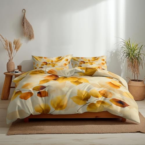 Orange 3 teilig Gebürstete Mikrofaser Bettwäsche Set, Elegant Exquisit Blätter Bettdeckenbezug mit Reißverschluss, Deckenbezug 155 x 220 cm mit 2 Kissenbezüge 80 x 80 cm