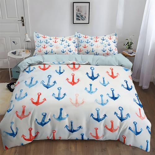 Srigzcaly 3D Bettwäsche Maritim Element Minimalistisch Anker Bettbezug-Set 200 x 220 + Kissenbezug 80x80 cm Hellblau Mikrofaser Wendebettwäsche 3 Teilig mit Reißveschluss
