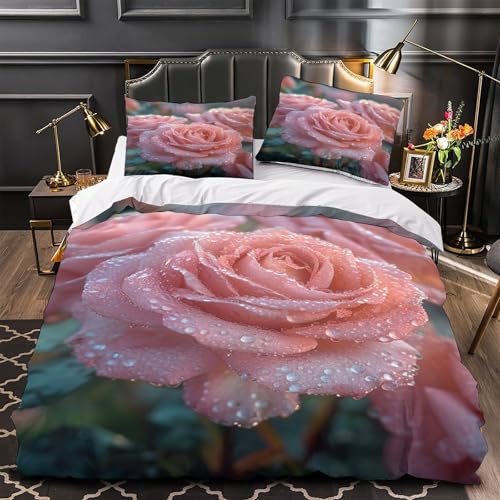 VOXYTMLWG Pink Roses Mikrofaser Weich 3D Gedruckt Bettwäsche 3 Teilig Vintage Blütenmuster Bettbezug mit Reißverschluss for Erwachsene,Frauen,Mädche n,Kinder Single?135x200cm?