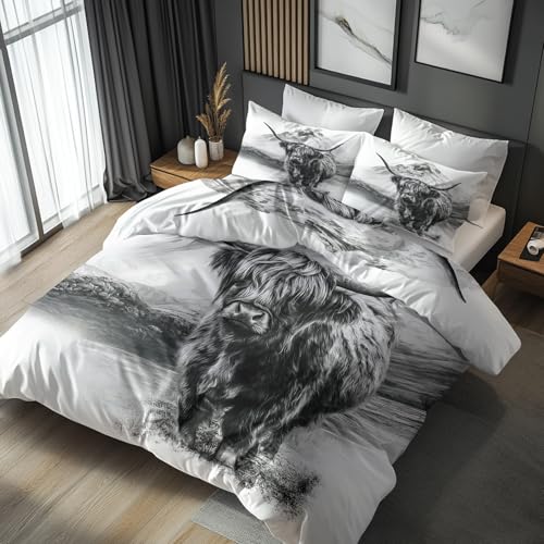 Generisch Bettwäsche 140x200 Hochlandrinder - Schlafzimmer Deko Bettbezug 140 x 200 2tlg Schwarz Weiß Bauernhof Tier Muster, 1 Kissenbezug 70x90, mit Reißverschluss, Weich Mikrofaser LI#25