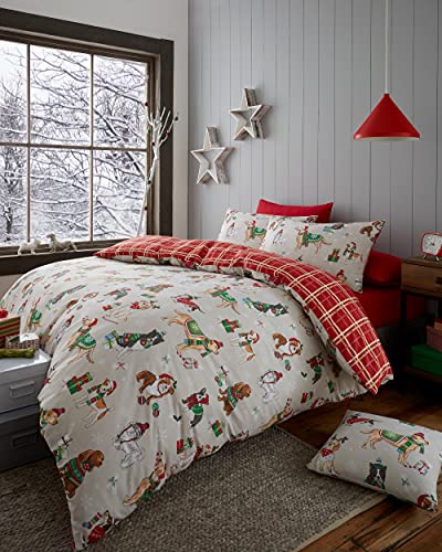 Happy Linen Company Bettwäsche mit weihnachtlichen Hunde-Motiven - wendbar - Taupe/Naturfarben - Bettwäsche-Set für EIN Einzelbett