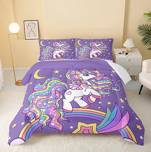 QOOMO Einhorn-Bettdecke, volle Größe, Regenbogen-Einhorn-Bettw sche-Set für Kinder, Teenager, Mädchen, 3-teiliges Bettwäsche-Set, weich und leicht (lila, volle Größe)