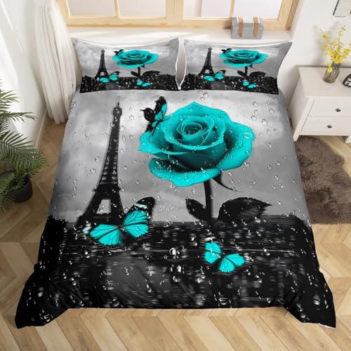 Homewish Vintage Rose Bettbezug,Türkis und Schwarze Rose Blume 135x200 Bettwäsche Sets,Eiffelturm Bettbezug Moderne Französische Stil Bett Set Ästhetische Schmetterling Bettbezug mit 1 Kissenbezug