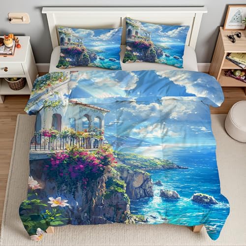 YZQGLHP Wellen Bettwäsche 155x220 Blümchen, Wendebettwäsche & Zimmer Deko, Weiche Microfaser Bettbezug Set 2 Teilig, 2 Kissenbezug 80x80, mit Reißverschluss