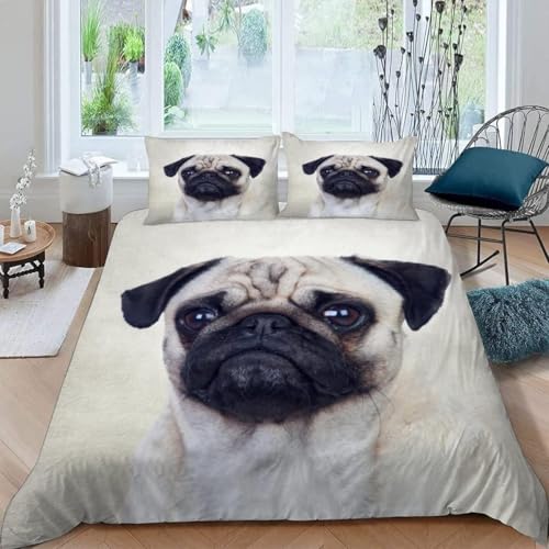 Bettwäsche 155x200 Mops Bettwäsche-Sets Süßer Mops Bettbezug mit Reißverschluss 3D Weiche Mikrofaser Bettbezüge mit 2 Kissenbezüge 80x80 cm B-1019