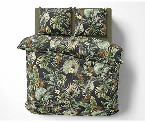 Bettwaesche-mit-Stil Mako Satin Bettwäsche Blätter und Palmen anthrazit (Garnitur 135x200 + 80x80 cm)