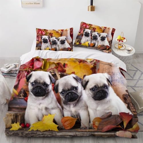 Bettwäsche Set Mops Weiche Mikrofaser Bettwäsche 200x220 3D-Druck Bettbezug Niedliche Haustiere 3 Teilig Bettbezüge mit Reißverschluss und 2 Kissenbezüge 80x80 cm a17