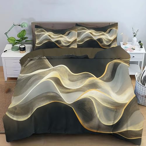 JEDTAKCT Bettwäsche 135X200Cm Schwarz Gold 3D Streifenwellen Schlicht Elegant 3D Polyester Bettbezug Sets, Weich Atmungsaktiv Bettbezüge 2 Kissenbezug 80X80, Für Alle Jahreszeiten