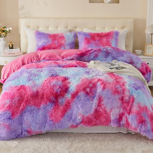 EMME Plüsch Bettwäsche Set 135x200cm Biber Flauschige Bettdecke Set für Bett Shaggy und Plüsch weiche Bettwäsche Bettbezüge und 1 Kissenbezug 80x80cm, Regenbogen-Rosa Lila