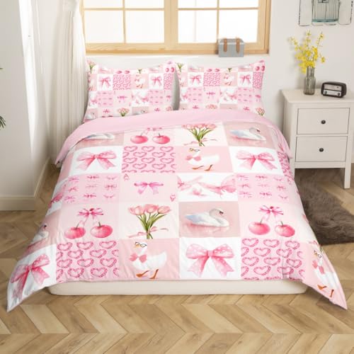  Westliche Dekoration Bettwäsche 135x200cm Kirsche Muster Bettwäsche für Jungen Mädchen Jugendliche Herz Bowknot Bettwäsche Raum Dekoration Hellrosa