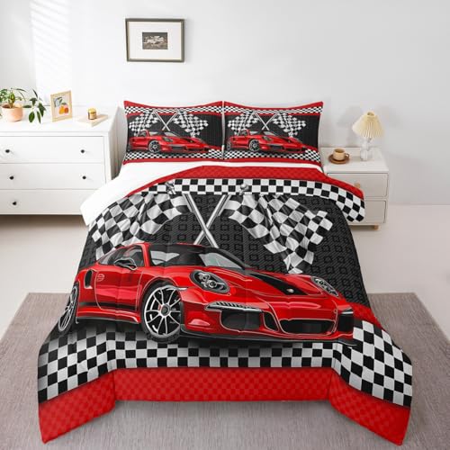 Manfei Rennwagen-Bettwäsche-Set , volle Größe, rotes Auto-Steppdecken-Set mit 2 Kissenbezügen, schwarz-weiß karierte Flagge, Bettwäsche-Set, 3-teilig, für Kinder, Teenager, Schlafzimmer, Dekoration,